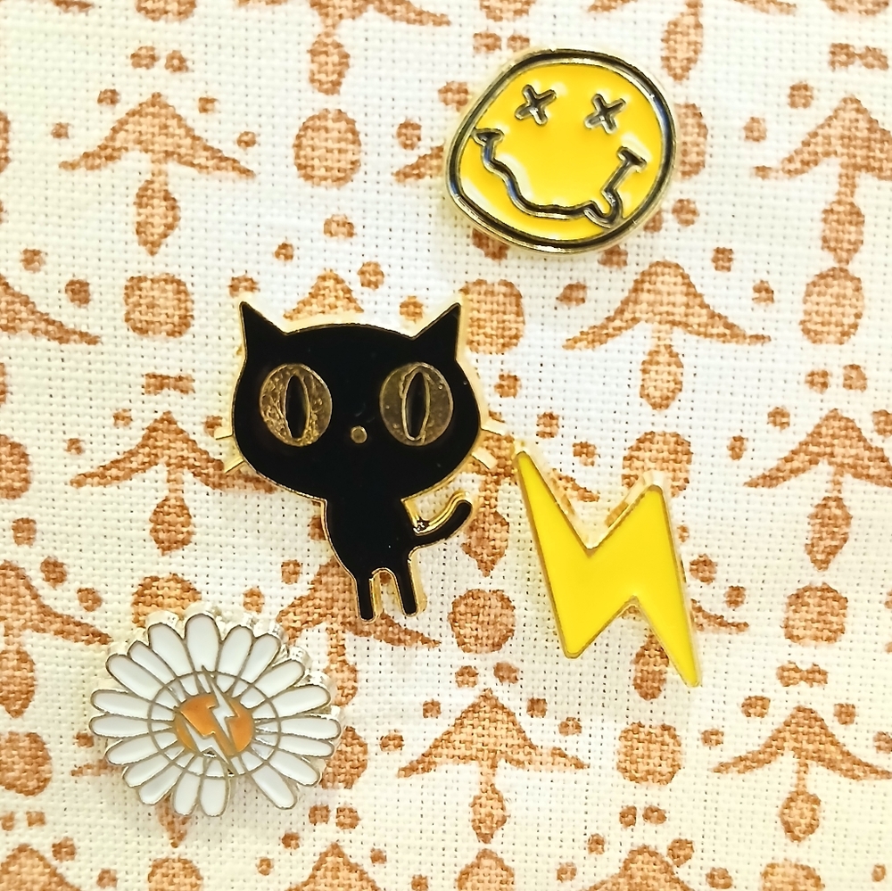 NWOT Cute Enamel Pin Set - Black Cat, Yellow Lightning, White Flower, Smiley